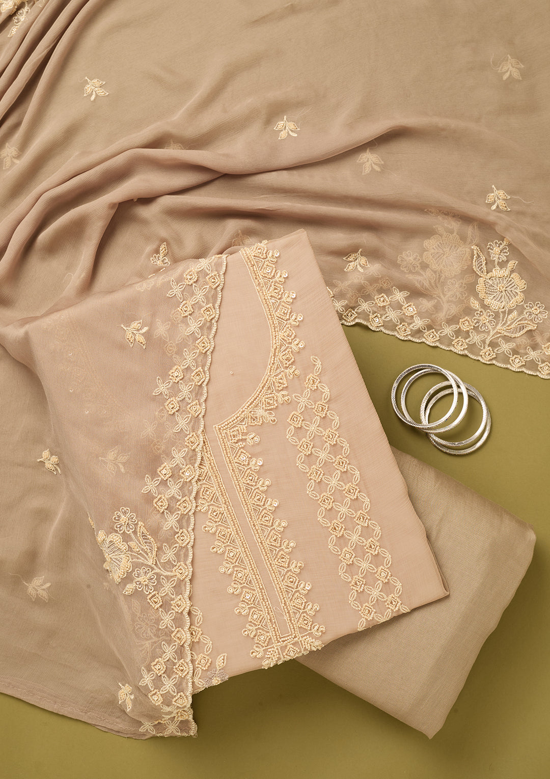 Light Brown Tissue Threadwork Unstitched Dress Material With Matching Bottom And Dupatta