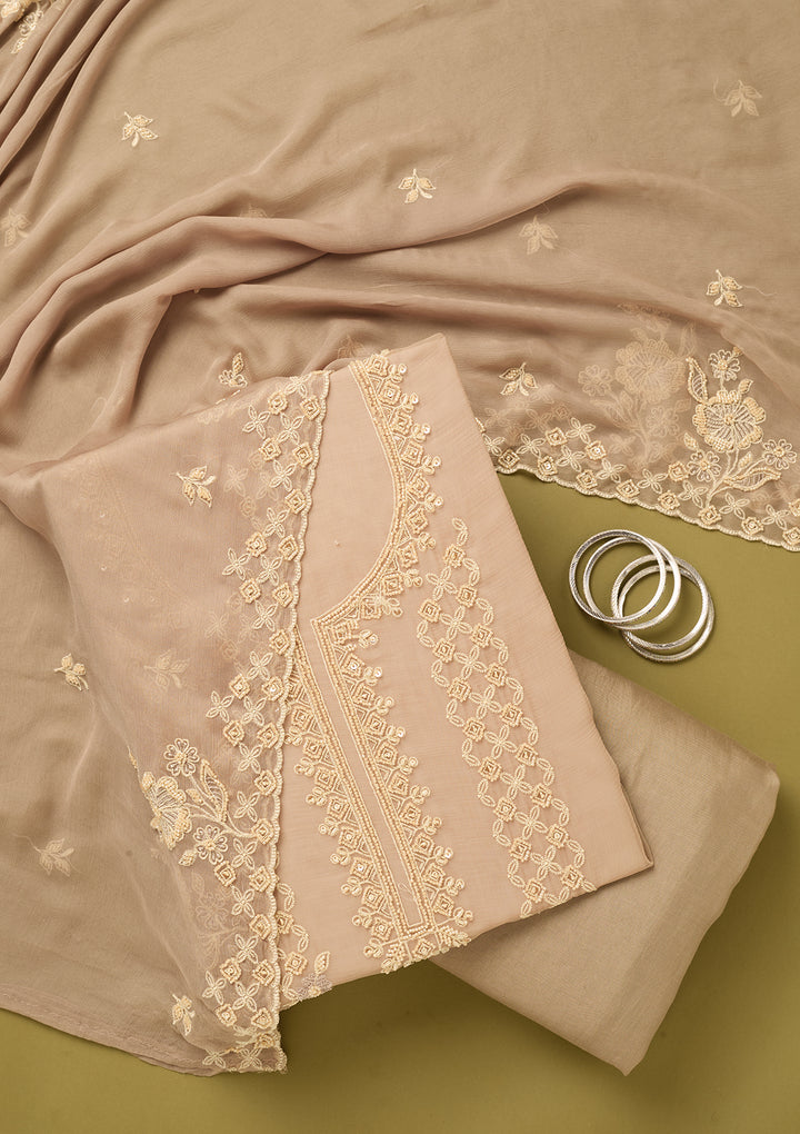 Light Brown Tissue Threadwork Unstitched Dress Material With Matching Bottom And Dupatta