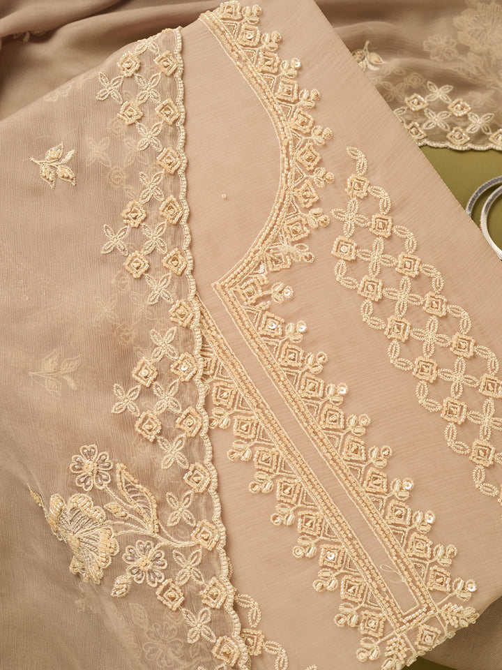 Light Brown Tissue Threadwork Unstitched Dress Material With Matching Bottom And Dupatta