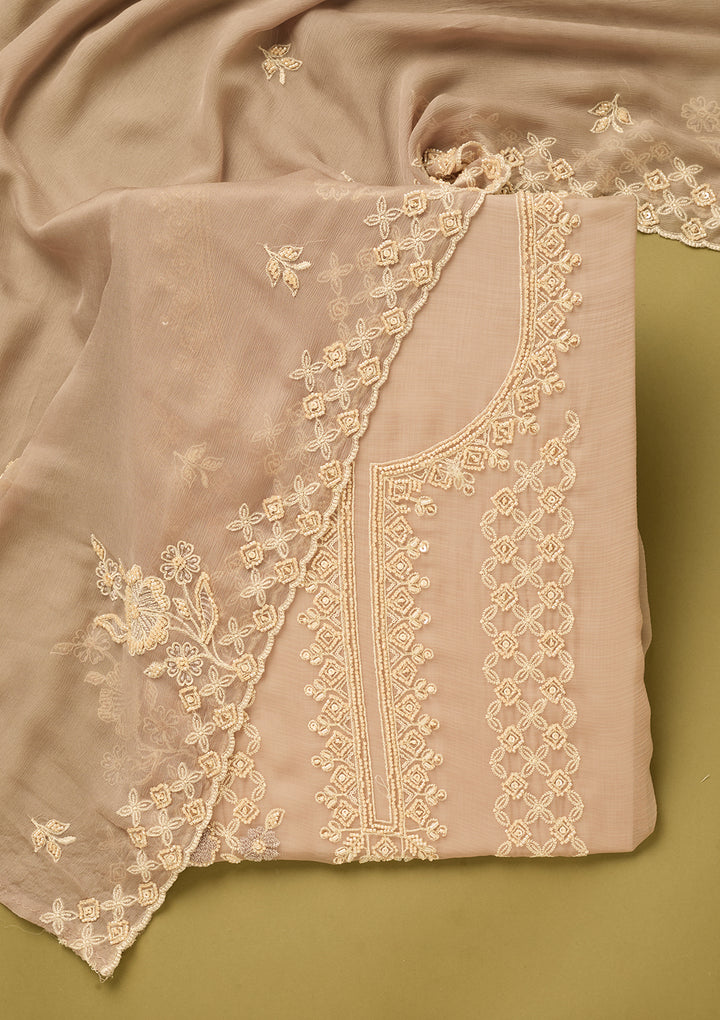 Light Brown Tissue Threadwork Unstitched Dress Material With Matching Bottom And Dupatta
