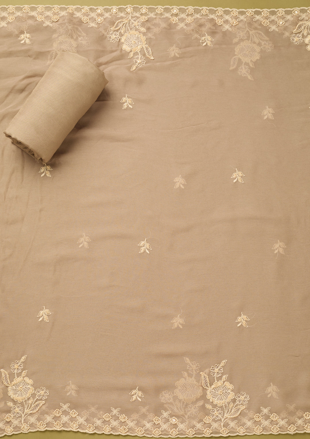 Light Brown Tissue Threadwork Unstitched Dress Material With Matching Bottom And Dupatta