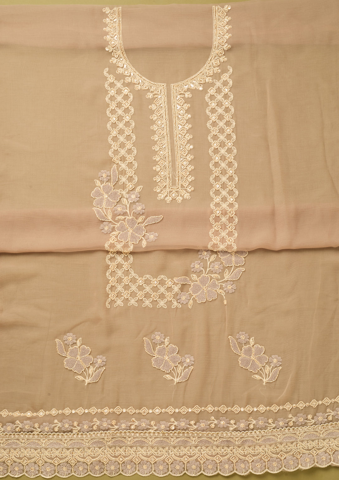 Light Brown Tissue Threadwork Unstitched Dress Material With Matching Bottom And Dupatta