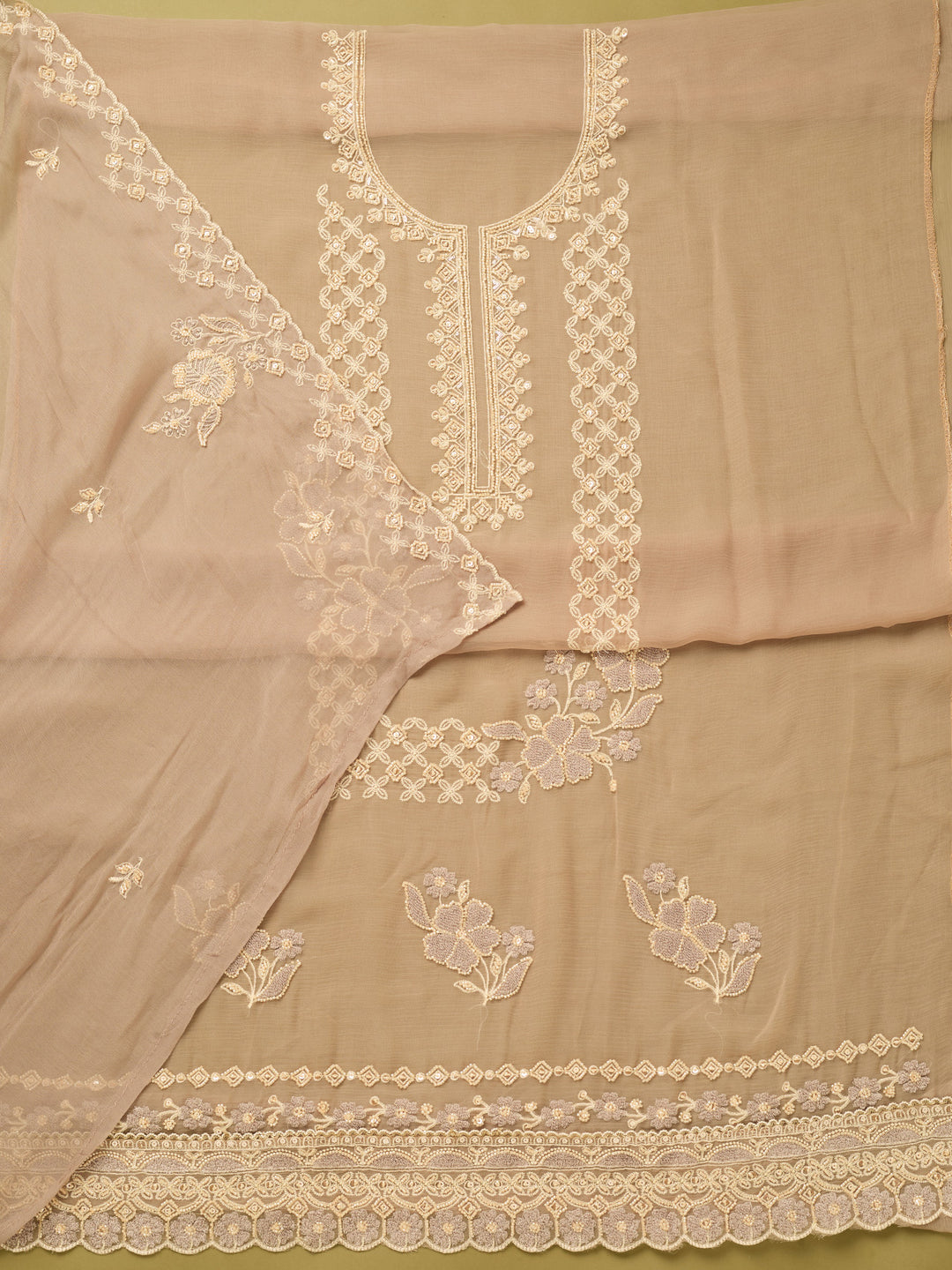 Light Brown Tissue Threadwork Unstitched Dress Material With Matching Bottom And Dupatta