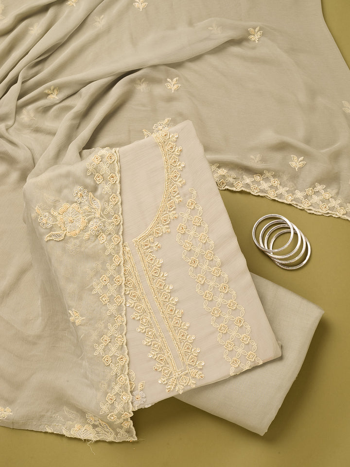 Light Grey Tissue Threadwork Unstitched Dress Material With Matching Bottom And Dupatta