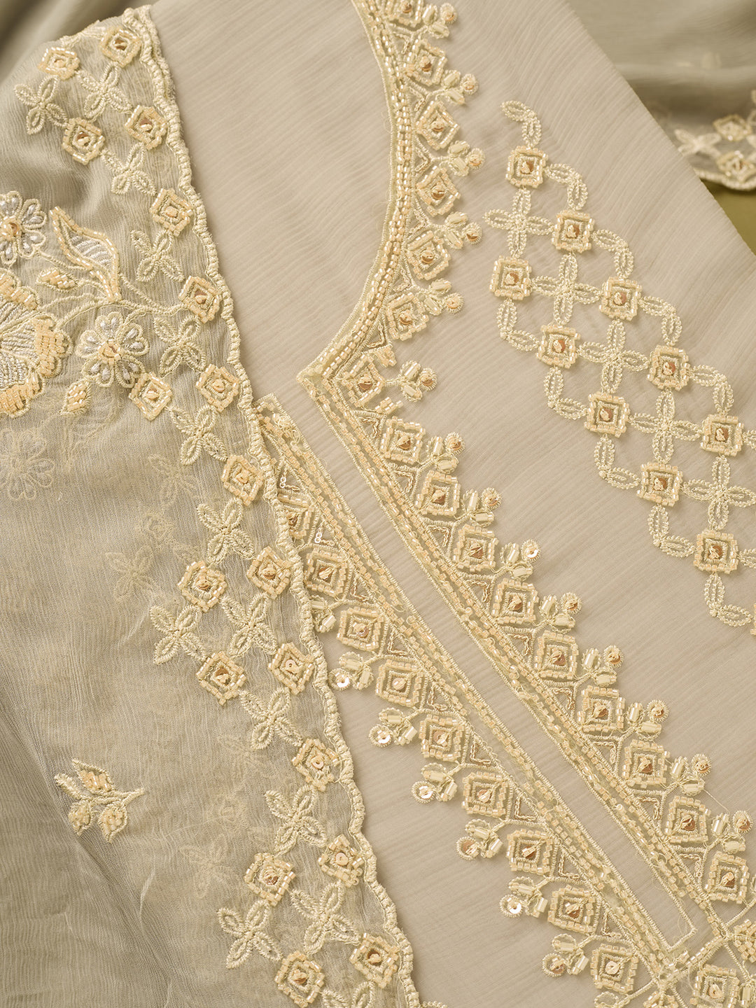 Light Grey Tissue Threadwork Unstitched Dress Material With Matching Bottom And Dupatta