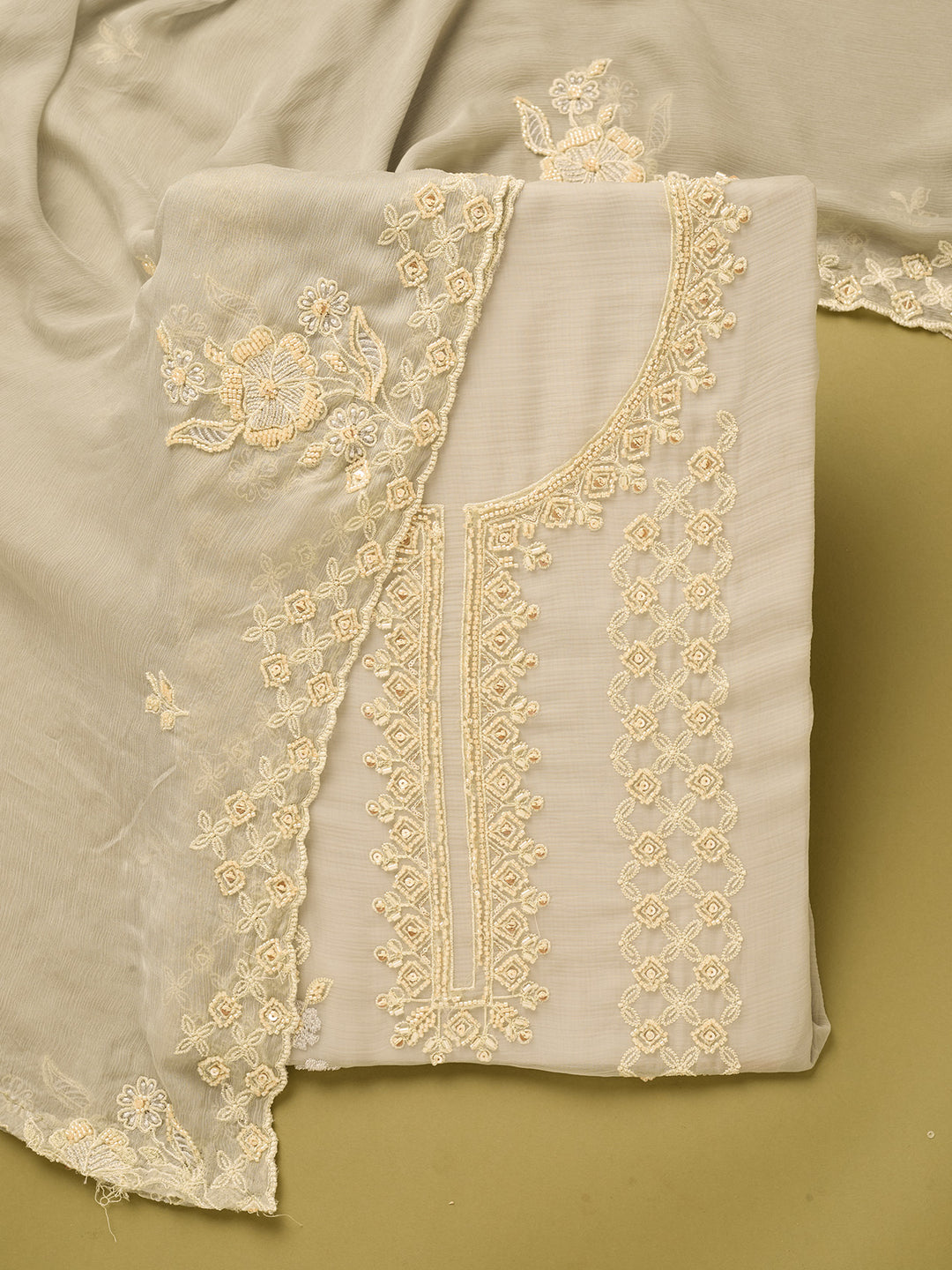Light Grey Tissue Threadwork Unstitched Dress Material With Matching Bottom And Dupatta