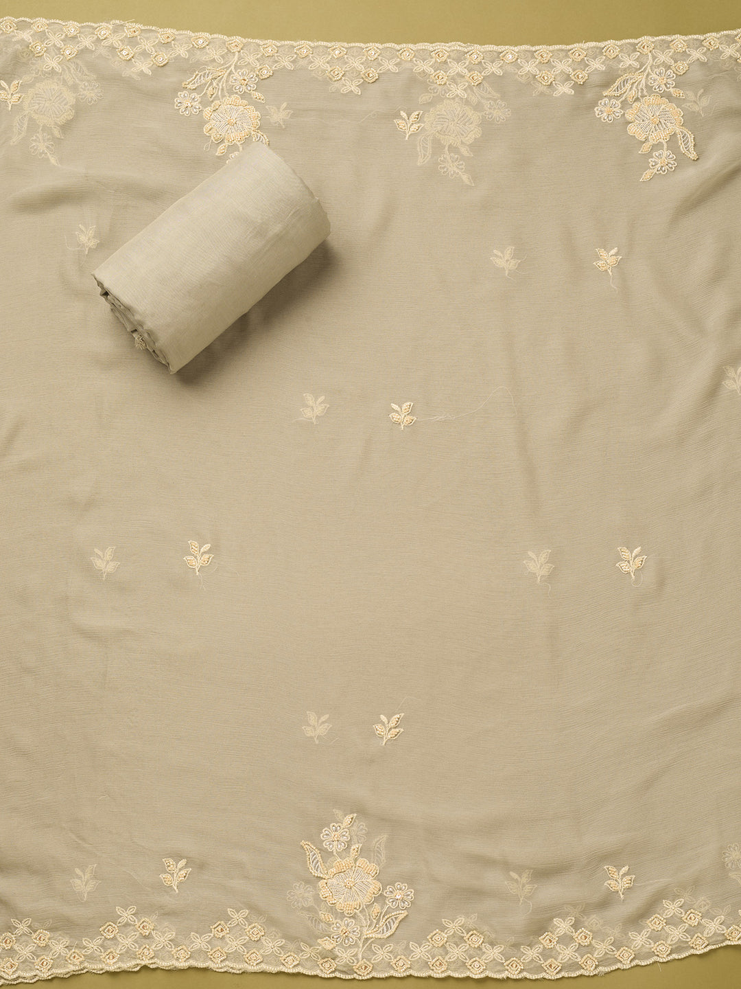 Light Grey Tissue Threadwork Unstitched Dress Material With Matching Bottom And Dupatta