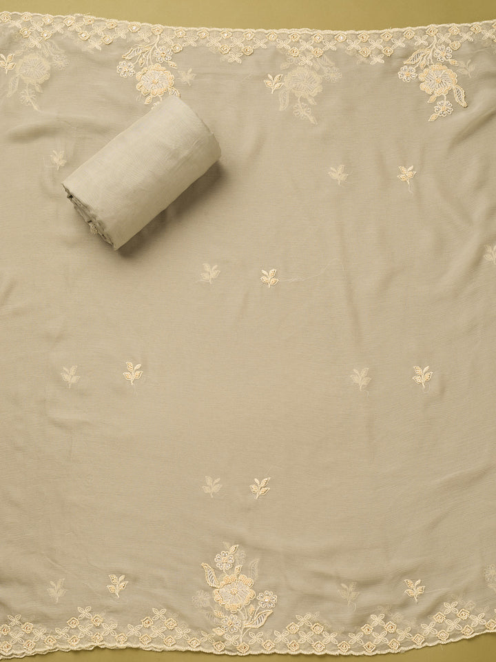 Light Grey Tissue Threadwork Unstitched Dress Material With Matching Bottom And Dupatta