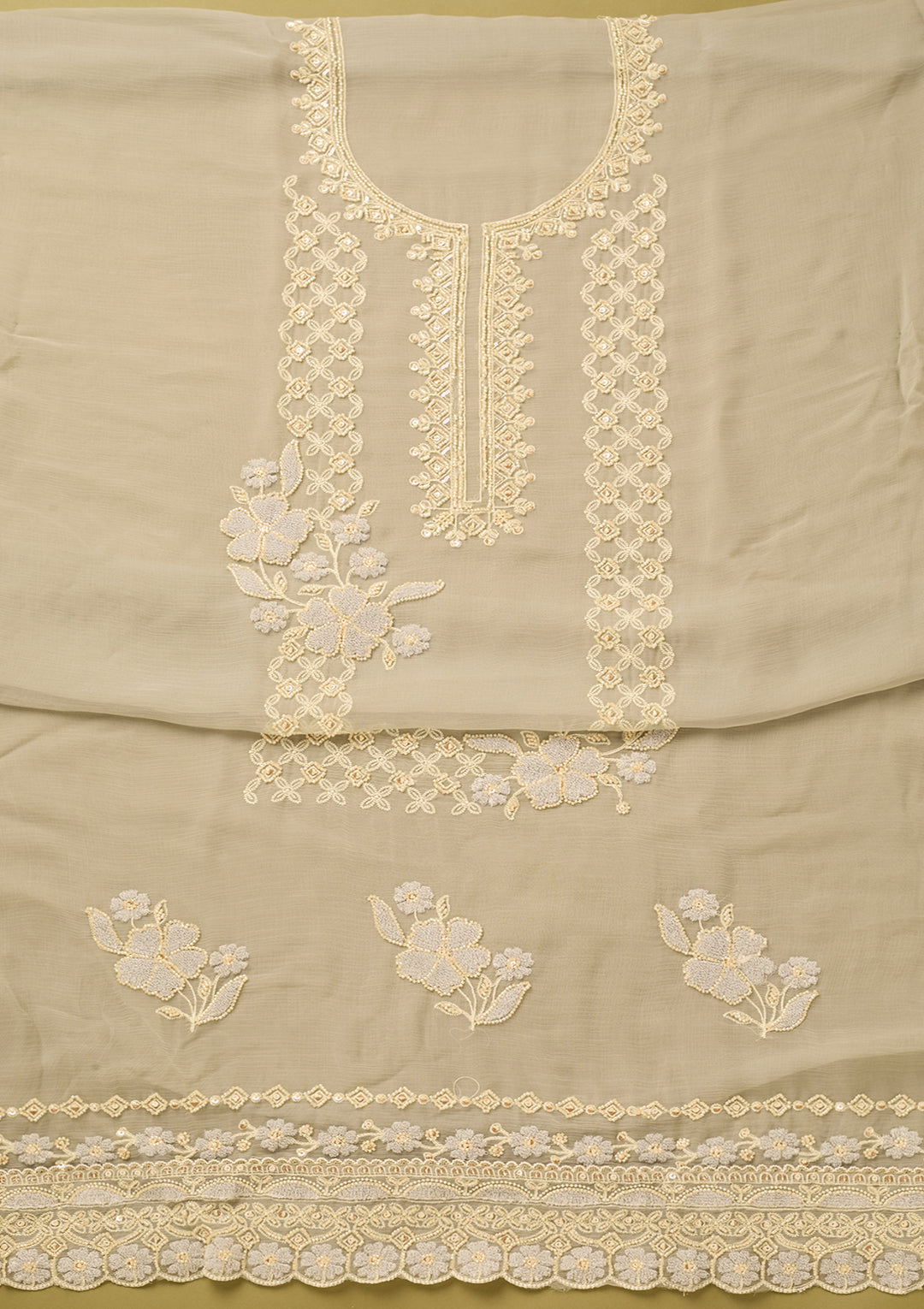 Light Grey Tissue Threadwork Unstitched Dress Material With Matching Bottom And Dupatta