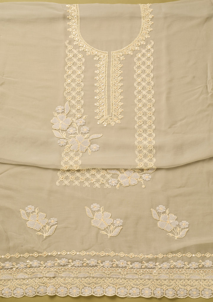 Light Grey Tissue Threadwork Unstitched Dress Material With Matching Bottom And Dupatta