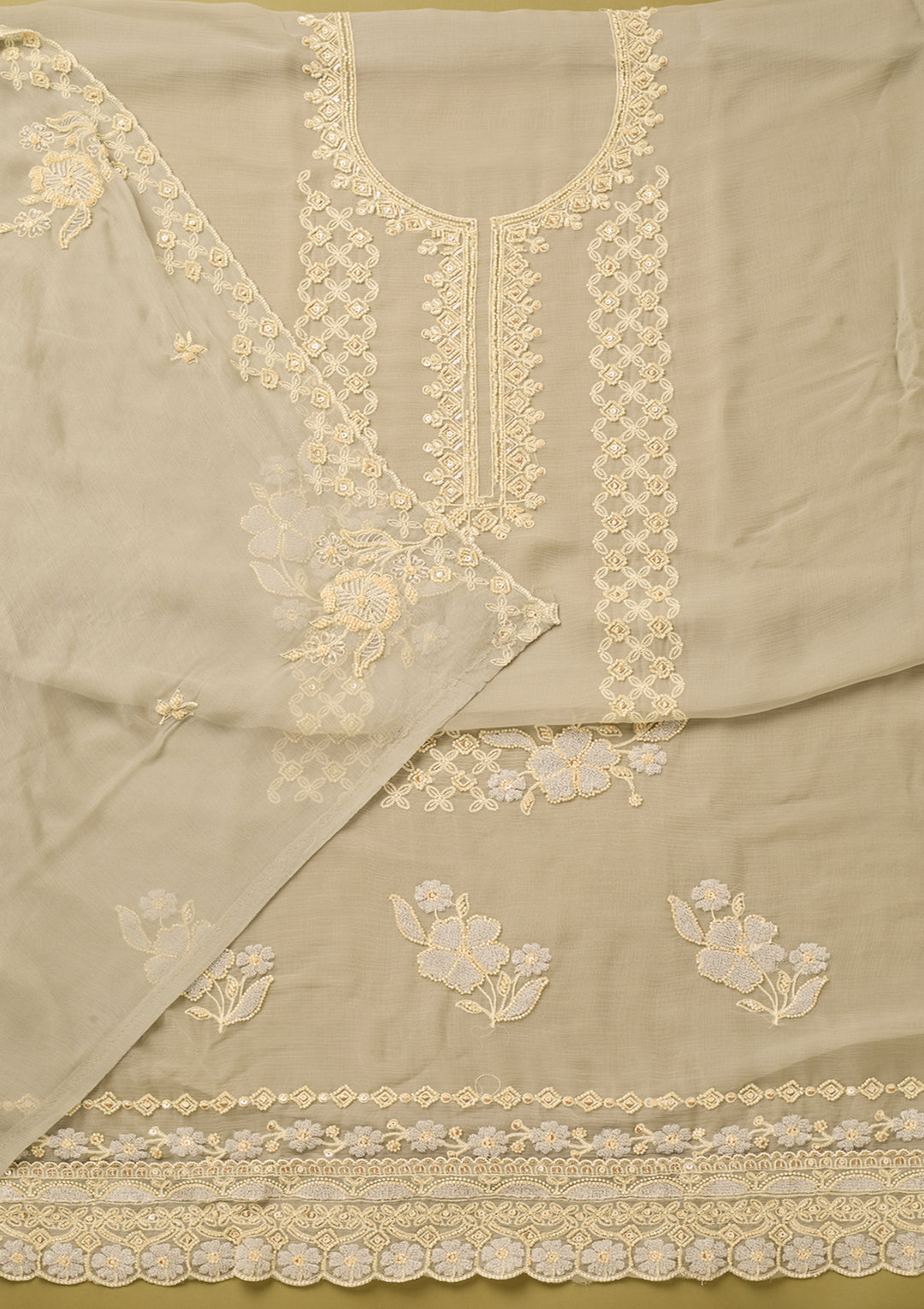 Light Grey Tissue Threadwork Unstitched Dress Material With Matching Bottom And Dupatta