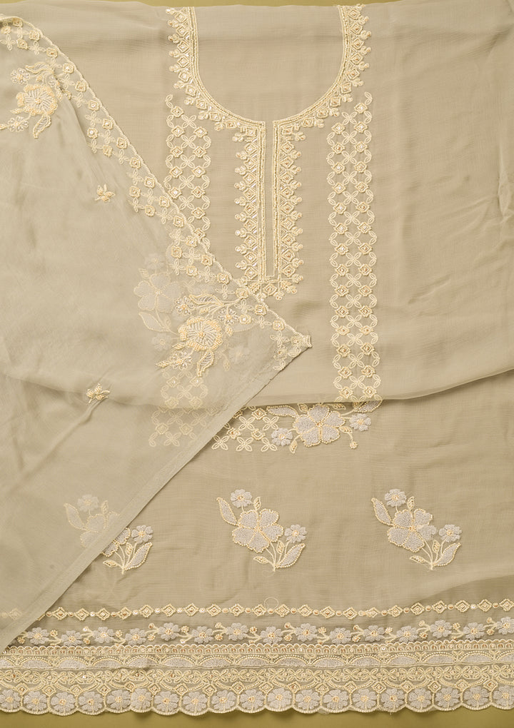 Light Grey Tissue Threadwork Unstitched Dress Material With Matching Bottom And Dupatta