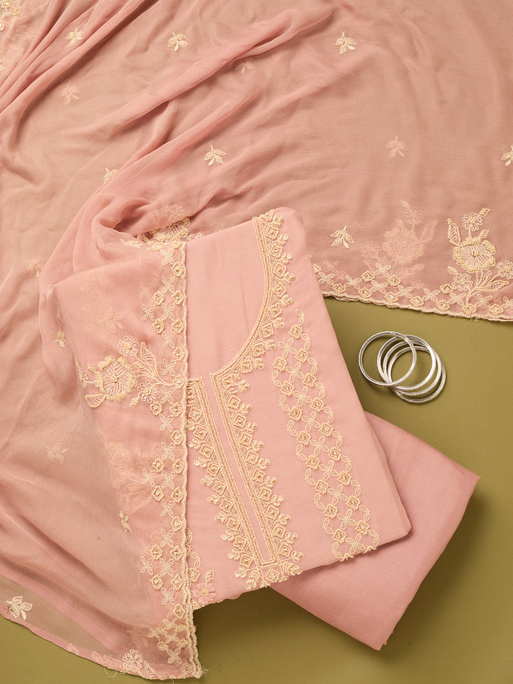 Onion Pink Tissue Threadwork Unstitched Dress Material With Matching Bottom And Dupatta
