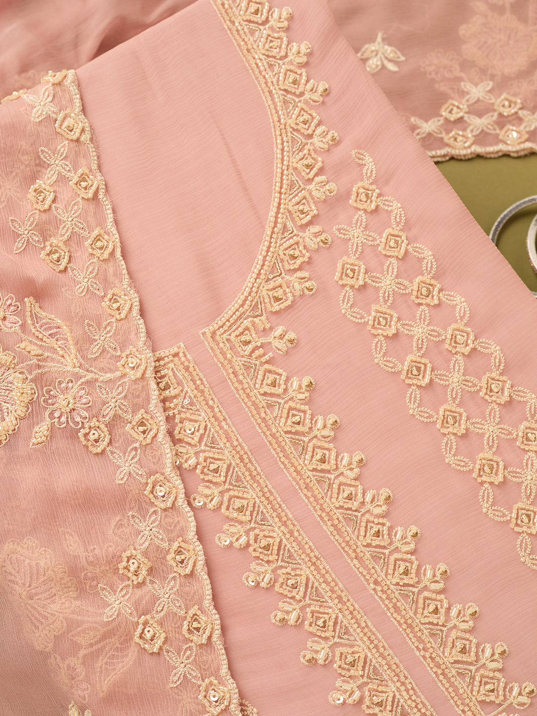 Onion Pink Tissue Threadwork Unstitched Dress Material With Matching Bottom And Dupatta