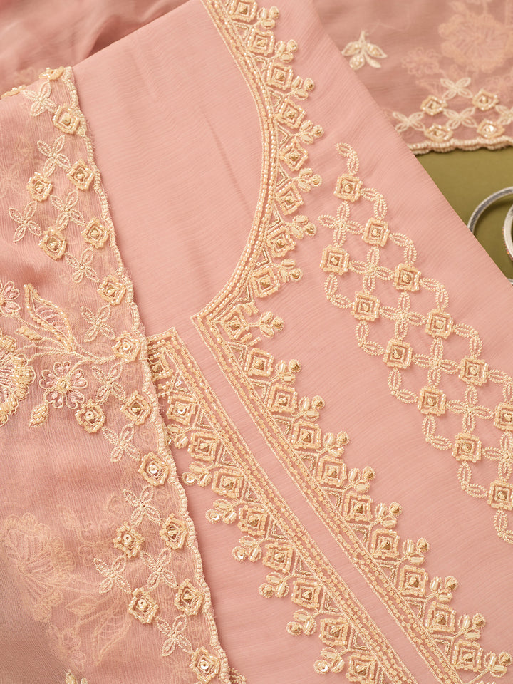Onion Pink Tissue Threadwork Unstitched Dress Material With Matching Bottom And Dupatta