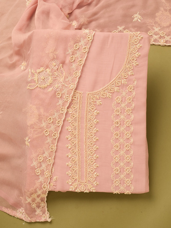 Onion Pink Tissue Threadwork Unstitched Dress Material With Matching Bottom And Dupatta