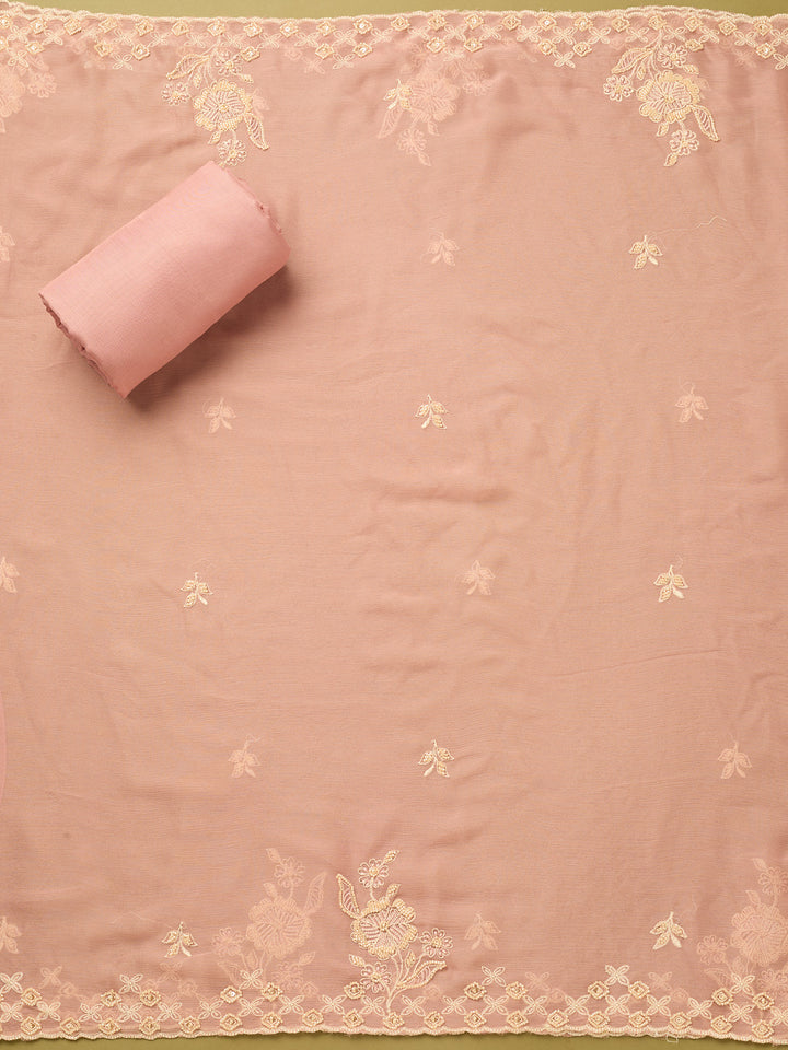 Onion Pink Tissue Threadwork Unstitched Dress Material With Matching Bottom And Dupatta