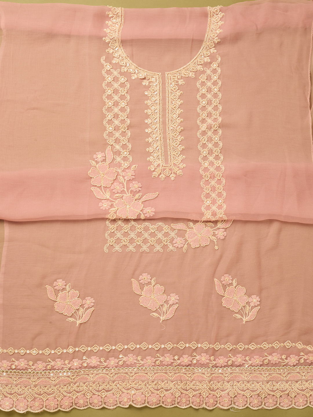 Onion Pink Tissue Threadwork Unstitched Dress Material With Matching Bottom And Dupatta