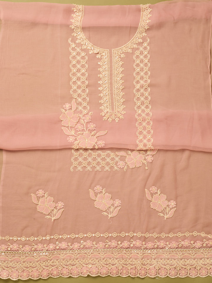 Onion Pink Tissue Threadwork Unstitched Dress Material With Matching Bottom And Dupatta