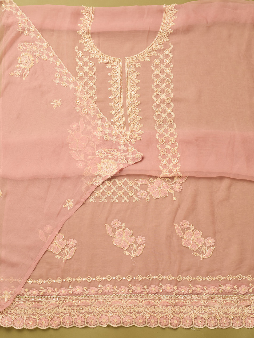 Onion Pink Tissue Threadwork Unstitched Dress Material With Matching Bottom And Dupatta