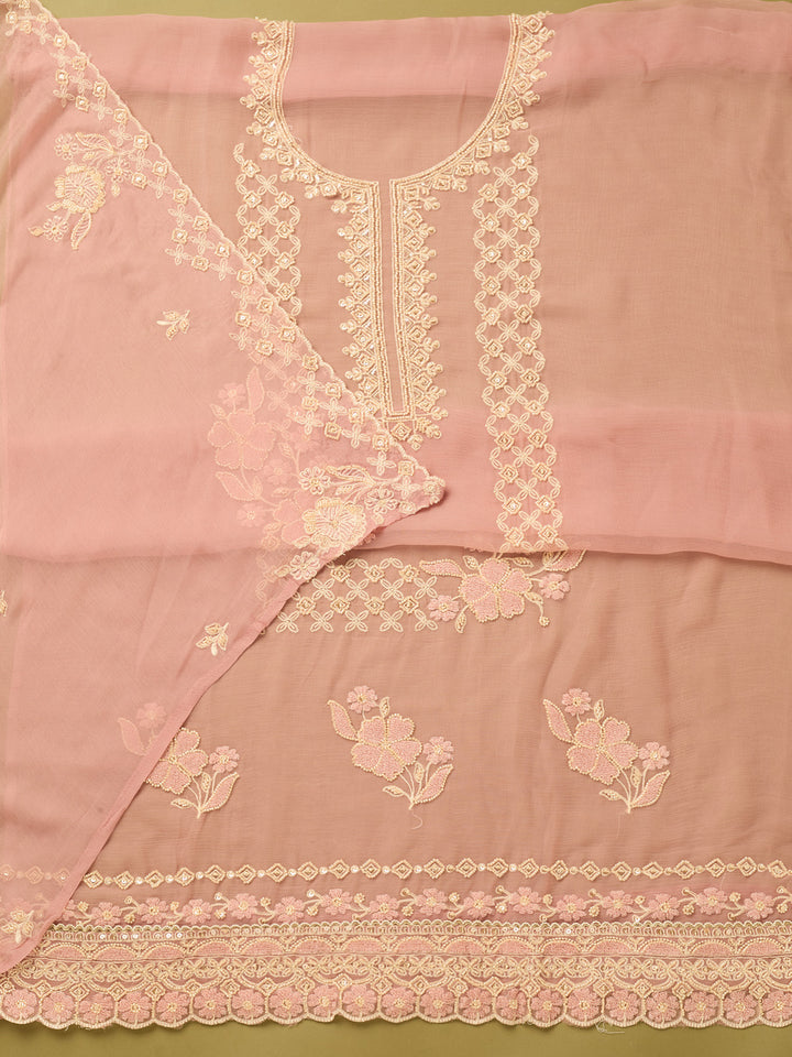 Onion Pink Tissue Threadwork Unstitched Dress Material With Matching Bottom And Dupatta