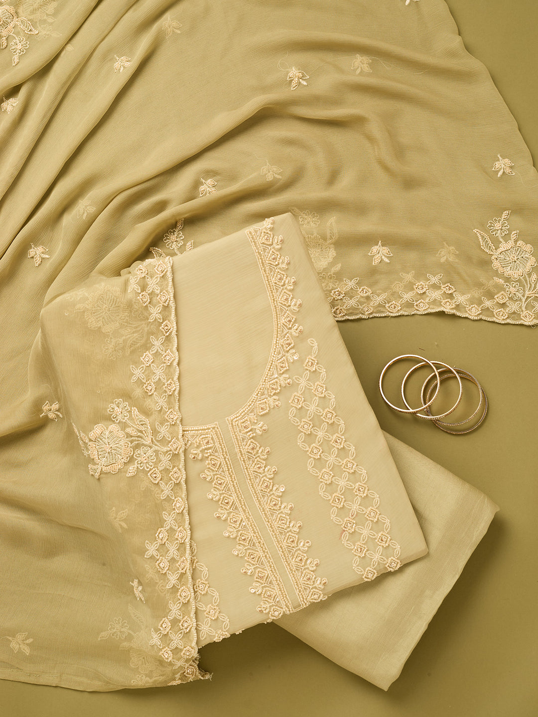 Pista Green Tissue Threadwork Unstitched Dress Material With Matching Bottom And Dupatta