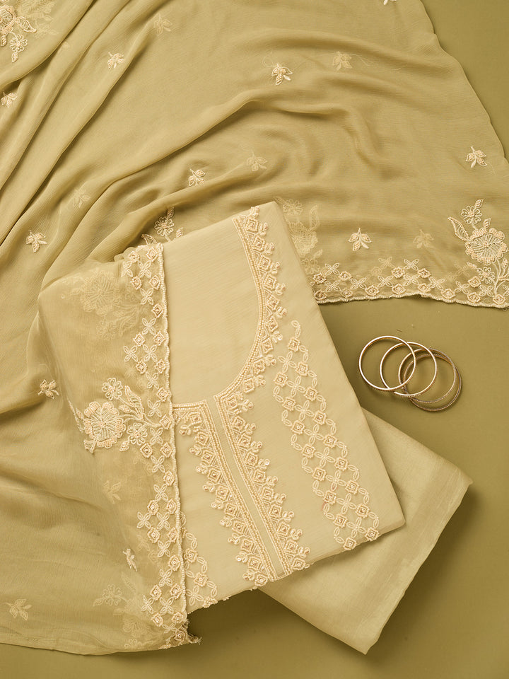 Pista Green Tissue Threadwork Unstitched Dress Material With Matching Bottom And Dupatta