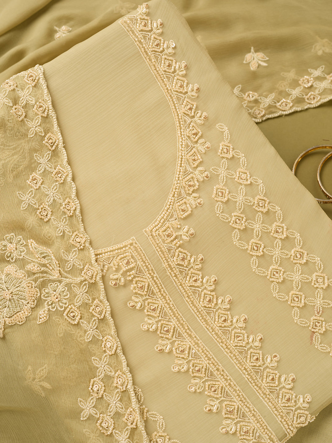 Pista Green Tissue Threadwork Unstitched Dress Material With Matching Bottom And Dupatta