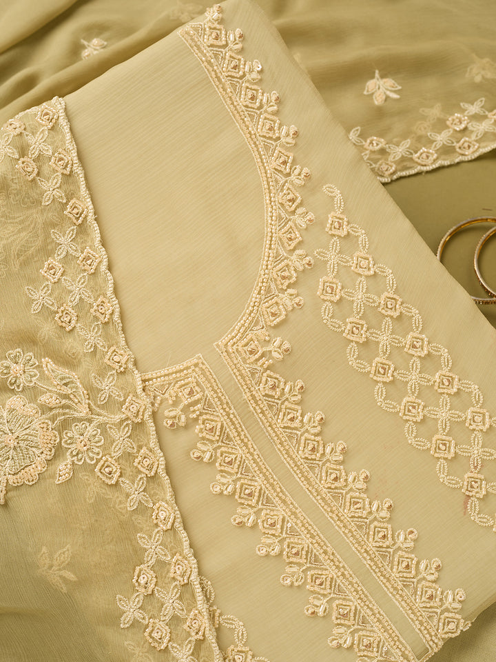 Pista Green Tissue Threadwork Unstitched Dress Material With Matching Bottom And Dupatta