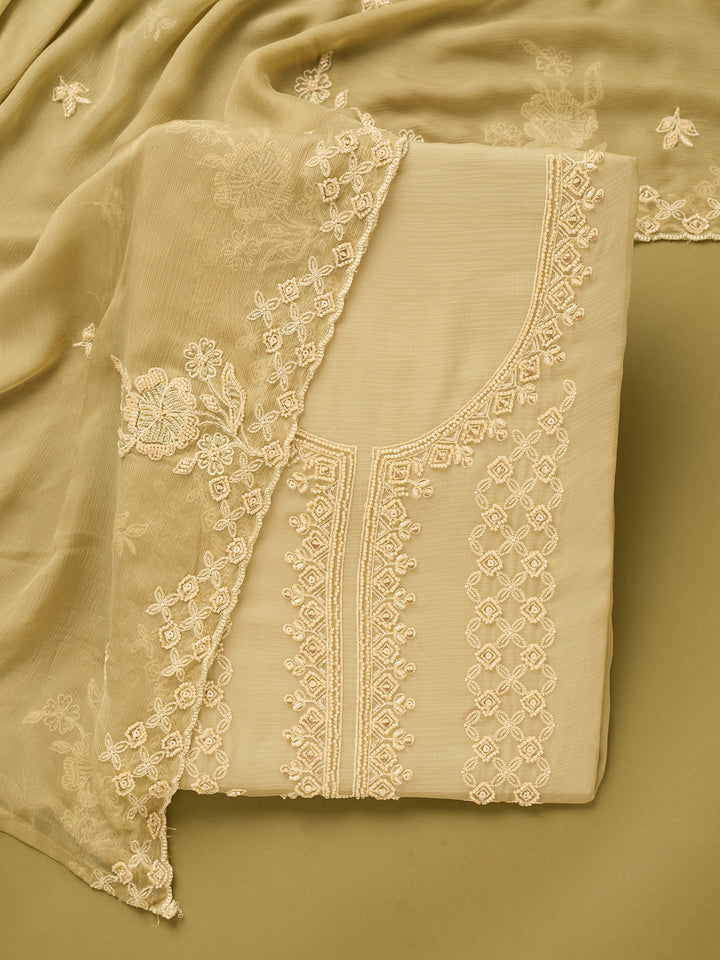 Pista Green Tissue Threadwork Unstitched Dress Material With Matching Bottom And Dupatta
