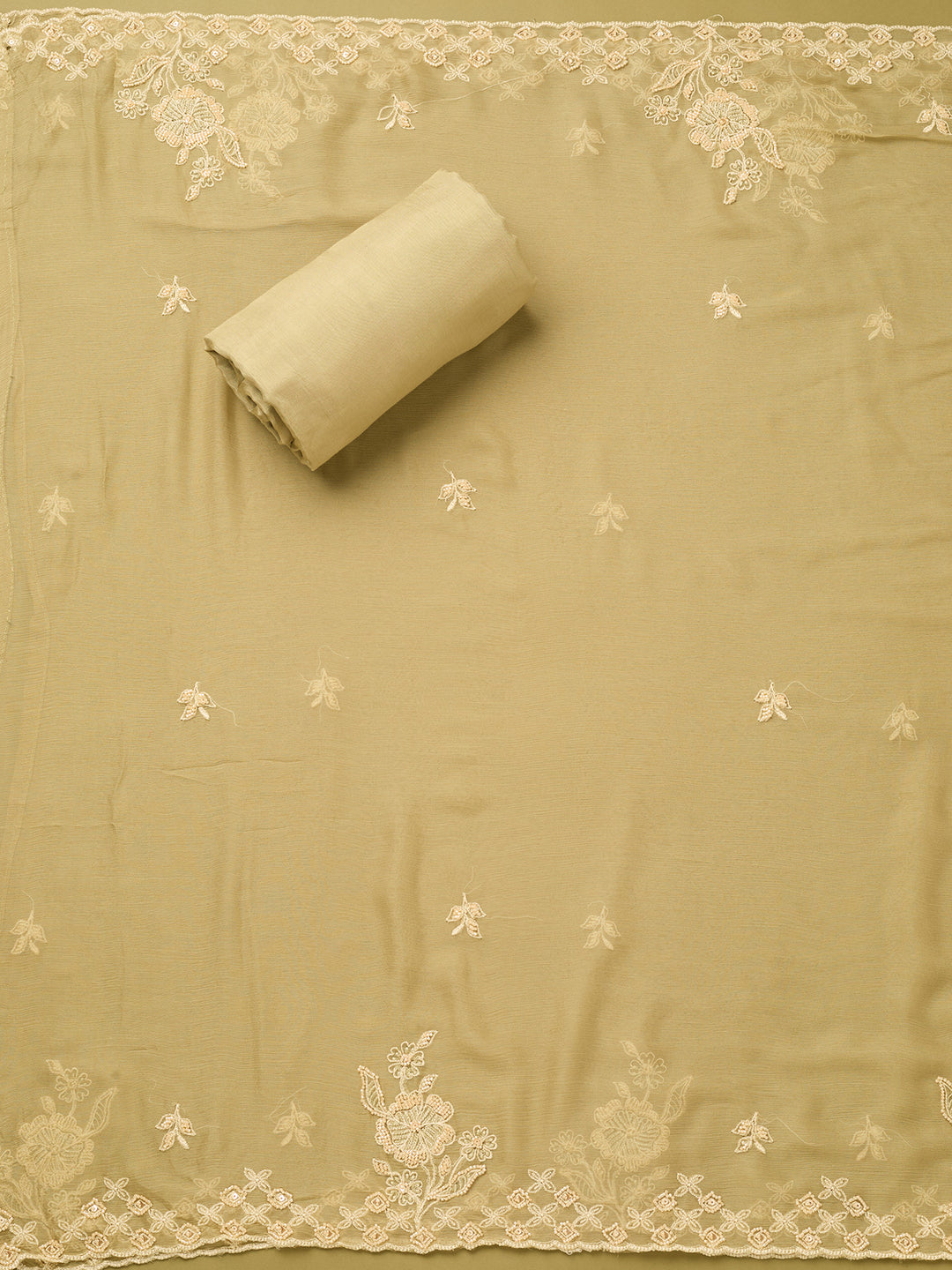Pista Green Tissue Threadwork Unstitched Dress Material With Matching Bottom And Dupatta
