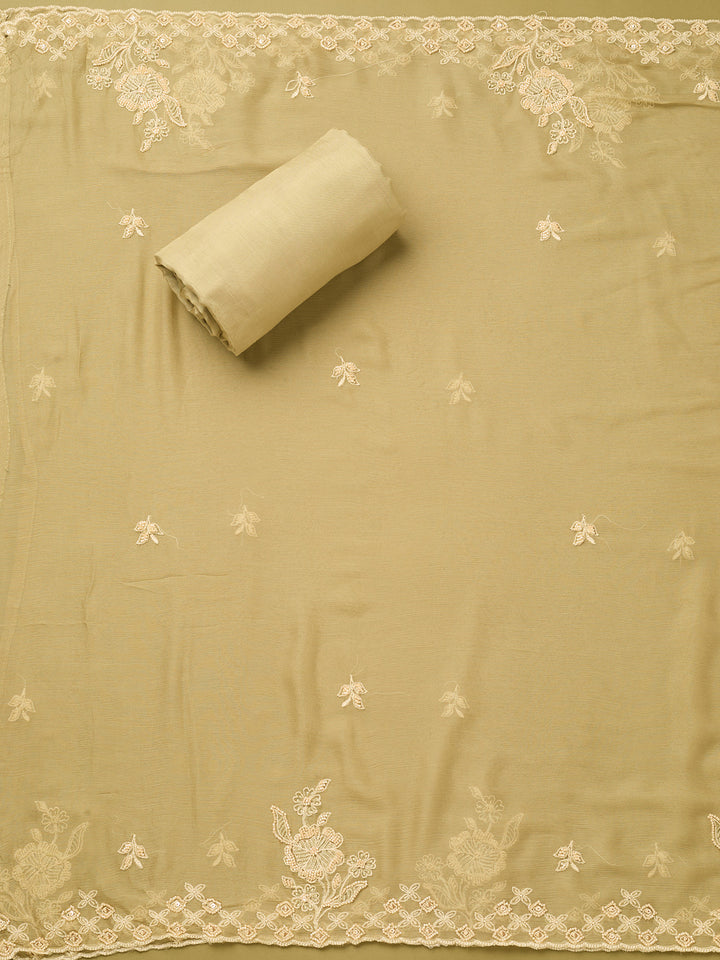 Pista Green Tissue Threadwork Unstitched Dress Material With Matching Bottom And Dupatta