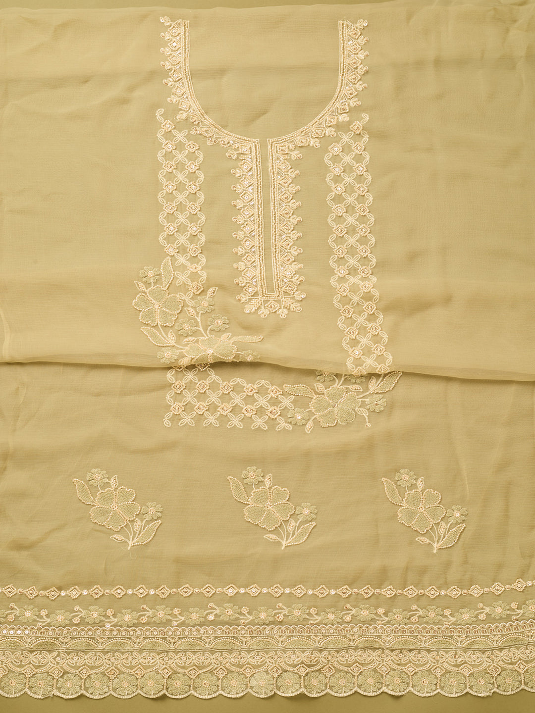 Pista Green Tissue Threadwork Unstitched Dress Material With Matching Bottom And Dupatta