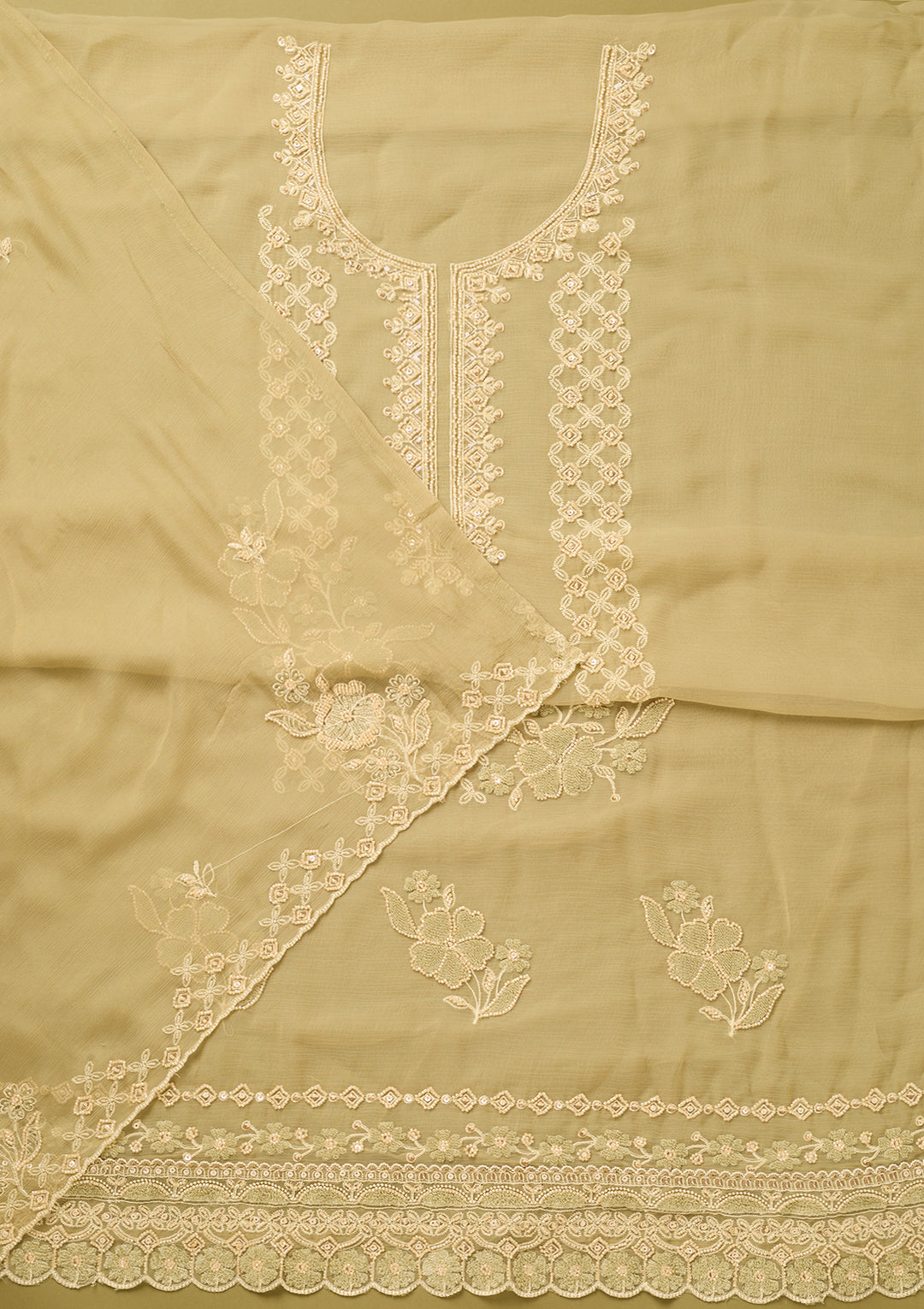 Pista Green Tissue Threadwork Unstitched Dress Material With Matching Bottom And Dupatta