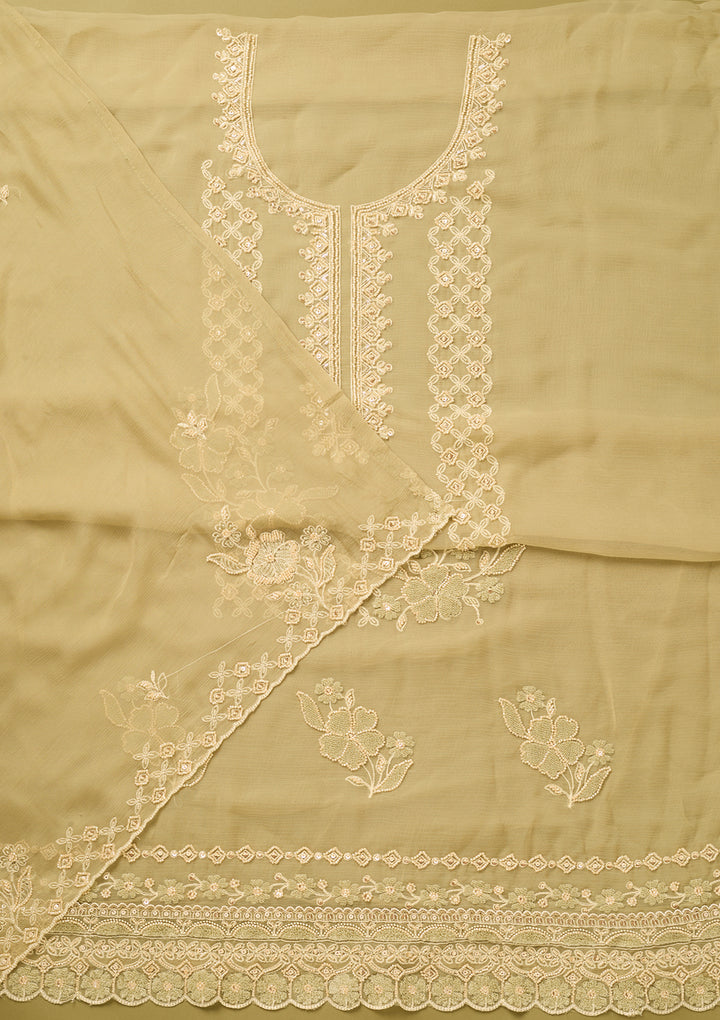 Pista Green Tissue Threadwork Unstitched Dress Material With Matching Bottom And Dupatta