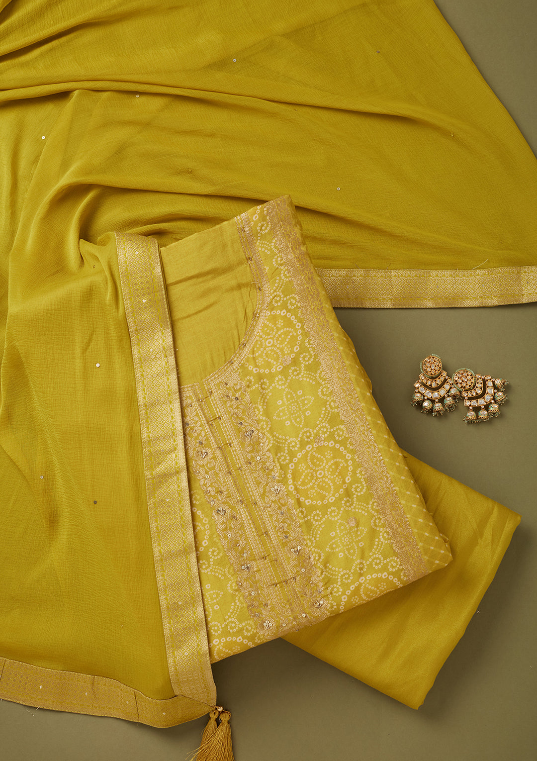 Lime Green Dola Silk Bandhej Gold Zariwork Unstitched Dress Material With Matching Bottom And Dupatta