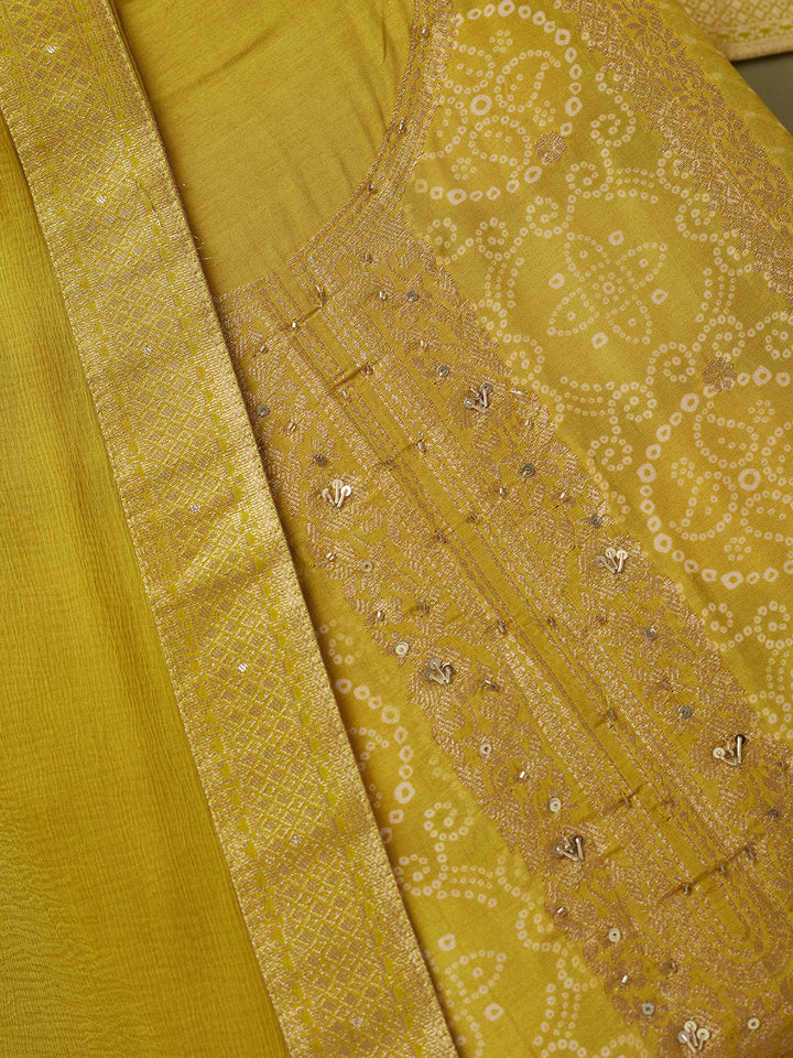 Lime Green Dola Silk Bandhej Gold Zariwork Unstitched Dress Material With Matching Bottom And Dupatta