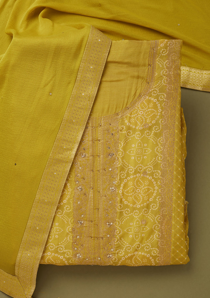 Lime Green Dola Silk Bandhej Gold Zariwork Unstitched Dress Material With Matching Bottom And Dupatta