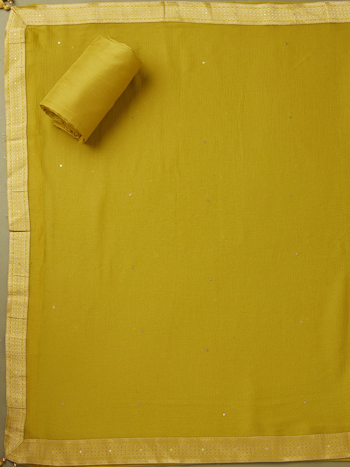 Lime Green Dola Silk Bandhej Gold Zariwork Unstitched Dress Material With Matching Bottom And Dupatta