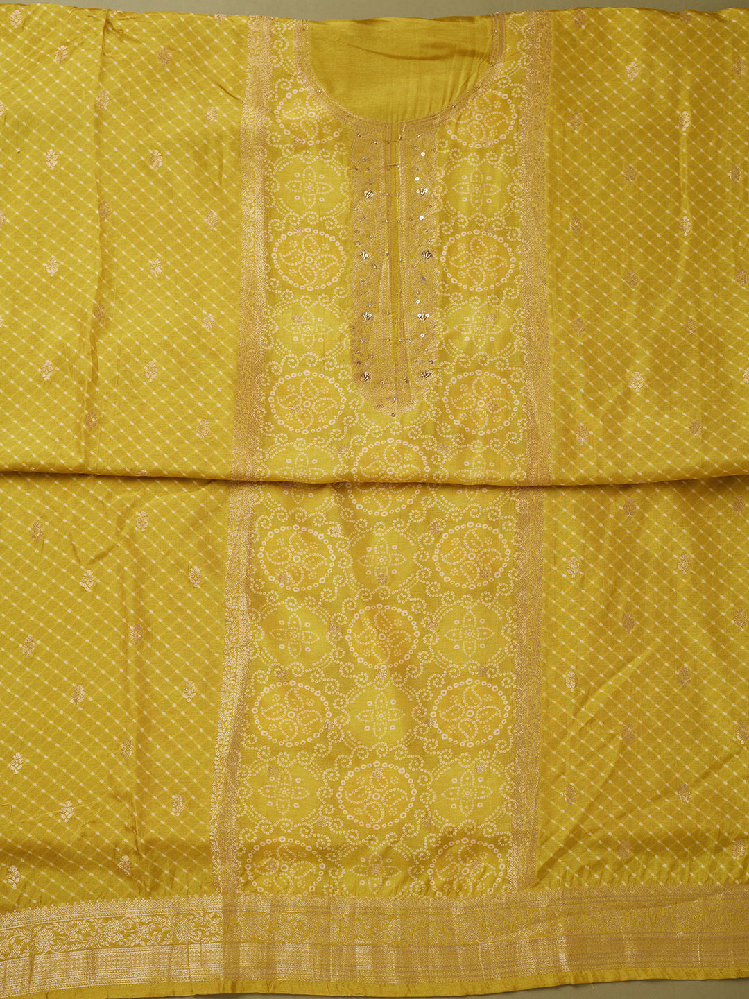 Lime Green Dola Silk Bandhej Gold Zariwork Unstitched Dress Material With Matching Bottom And Dupatta
