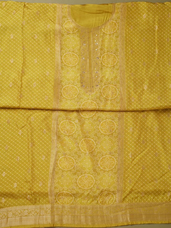 Lime Green Dola Silk Bandhej Gold Zariwork Unstitched Dress Material With Matching Bottom And Dupatta