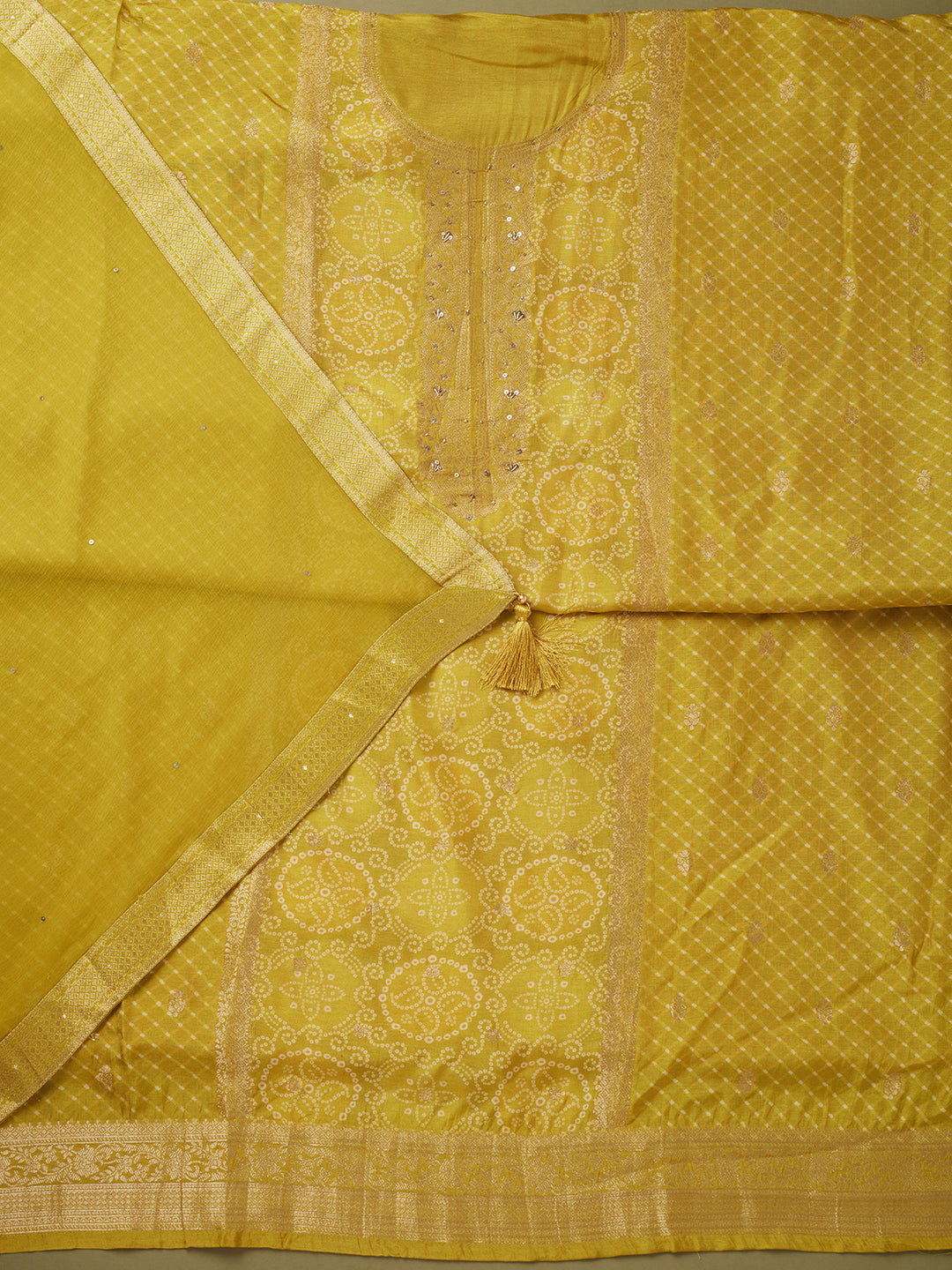 Lime Green Dola Silk Bandhej Gold Zariwork Unstitched Dress Material With Matching Bottom And Dupatta