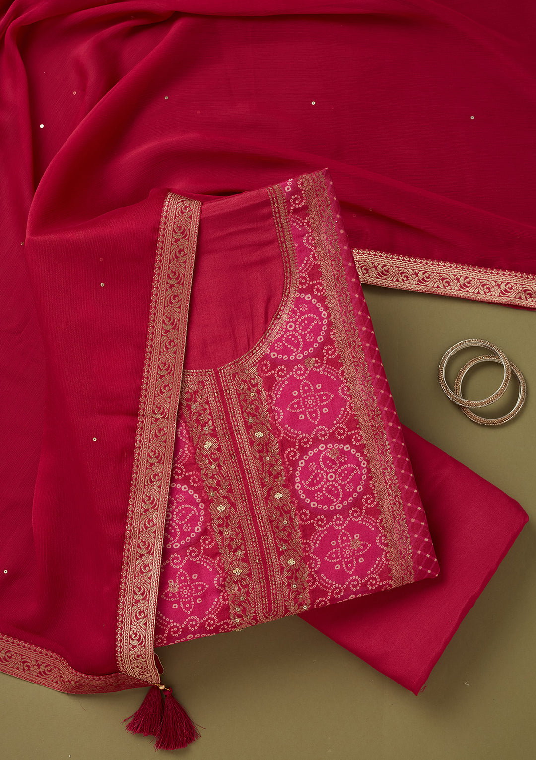 Magenta Pink Dola Silk Bandhej Gold Zariwork Unstitched Dress Material With Matching Bottom And Dupatta