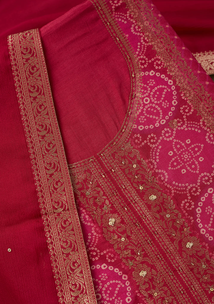 Magenta Pink Dola Silk Bandhej Gold Zariwork Unstitched Dress Material With Matching Bottom And Dupatta