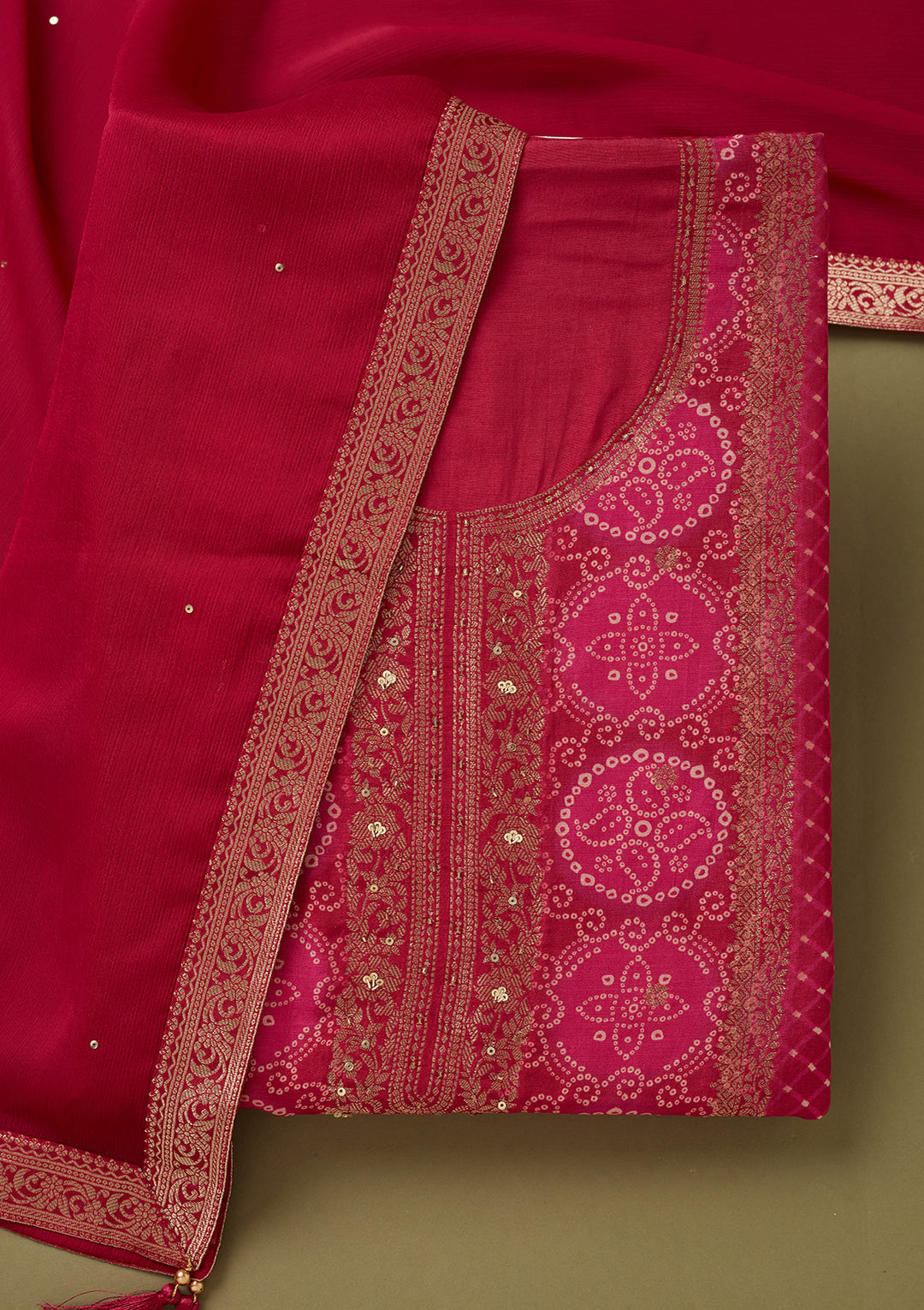 Magenta Pink Dola Silk Bandhej Gold Zariwork Unstitched Dress Material With Matching Bottom And Dupatta