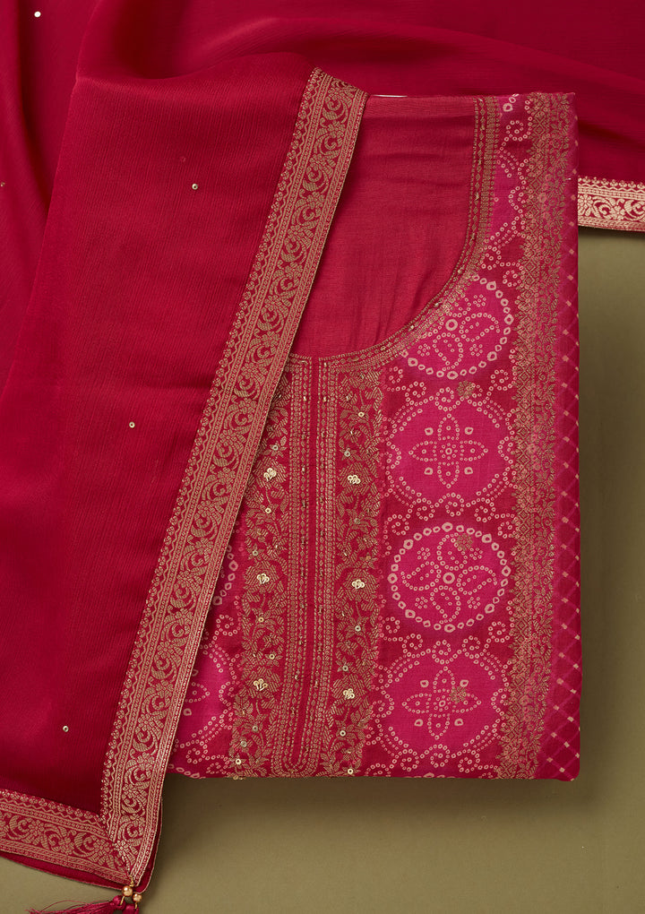 Magenta Pink Dola Silk Bandhej Gold Zariwork Unstitched Dress Material With Matching Bottom And Dupatta