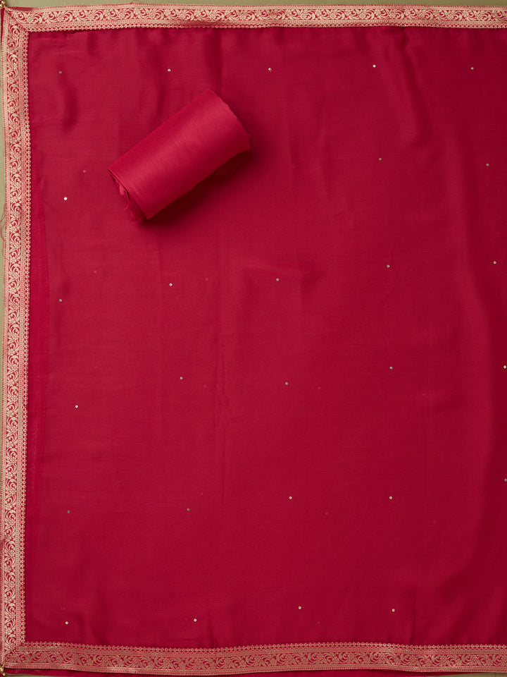 Magenta Pink Dola Silk Bandhej Gold Zariwork Unstitched Dress Material With Matching Bottom And Dupatta
