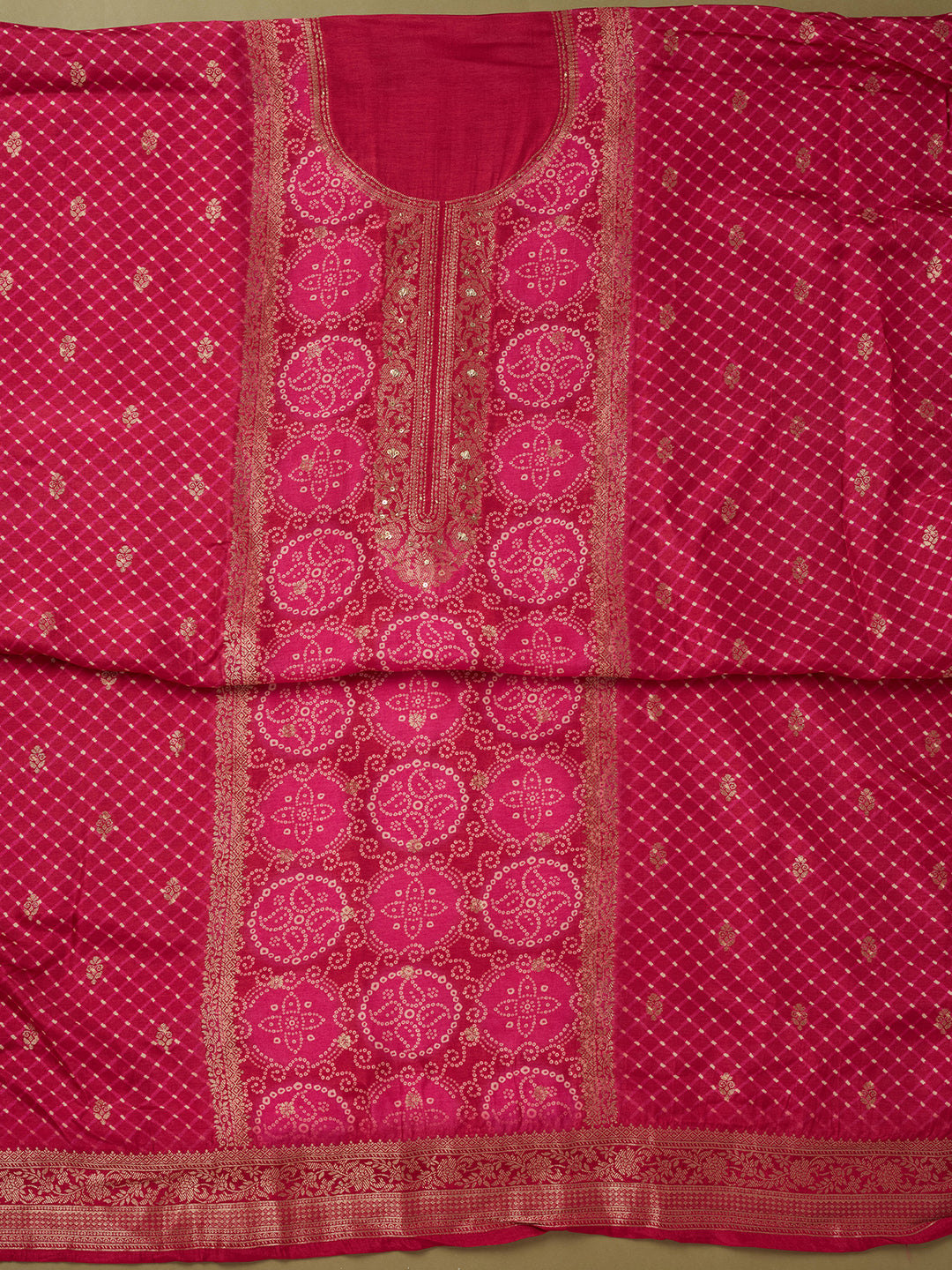 Magenta Pink Dola Silk Bandhej Gold Zariwork Unstitched Dress Material With Matching Bottom And Dupatta