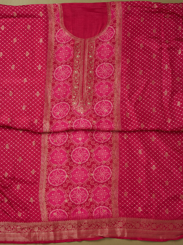 Magenta Pink Dola Silk Bandhej Gold Zariwork Unstitched Dress Material With Matching Bottom And Dupatta