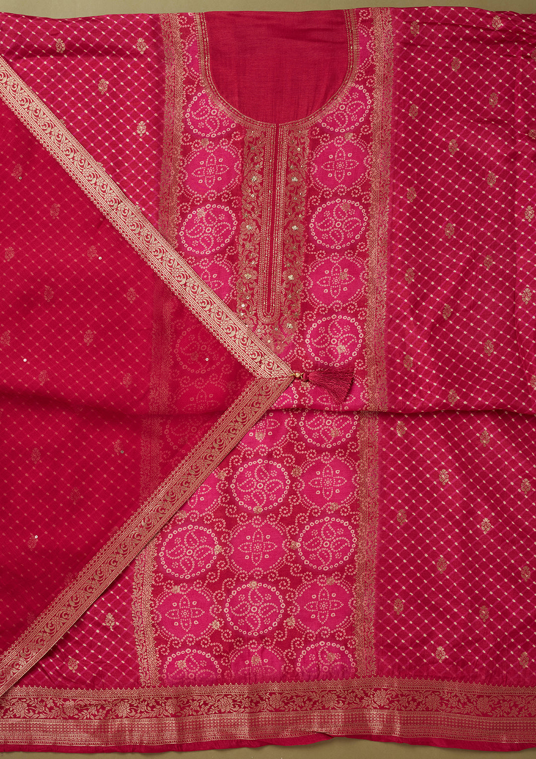 Magenta Pink Dola Silk Bandhej Gold Zariwork Unstitched Dress Material With Matching Bottom And Dupatta